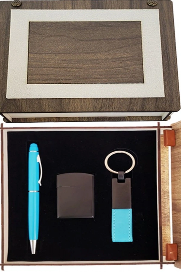 Özel Ahşap Kutulu Mavi Kalem Anahtarlık ve Çakmak Set
