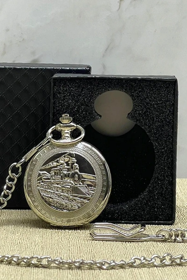 Özel Kutulu Tren Temalı Gümüş Köstekli Saat