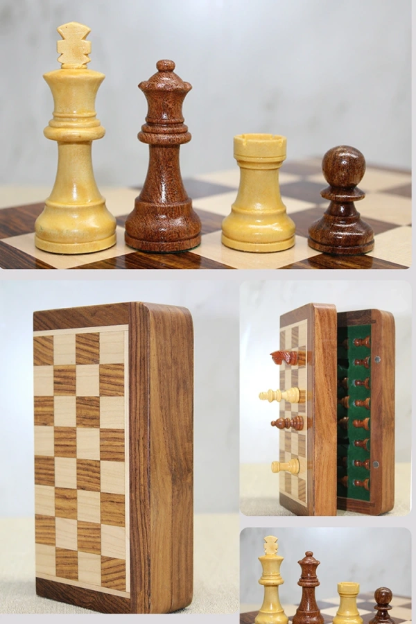 Özel Vernikli Mıknatıs Taşlı Ahşap Katlanabilir Kutulu Satranç Oyunu 12.5 Cm
