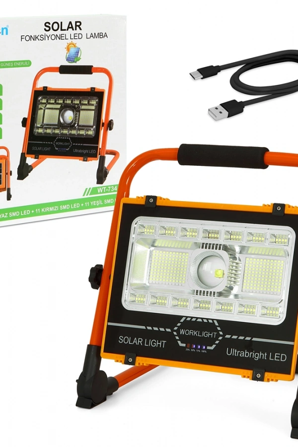 P70 LED Solar Panel Şarjlı Taşınabilir Projektör 176 SMD + Yan LED WT-734