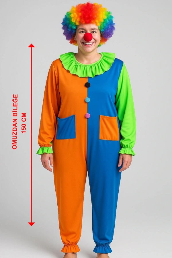 Palyaço Kostüm Seti 150 cm (Peruk + Burun + Kostüm)