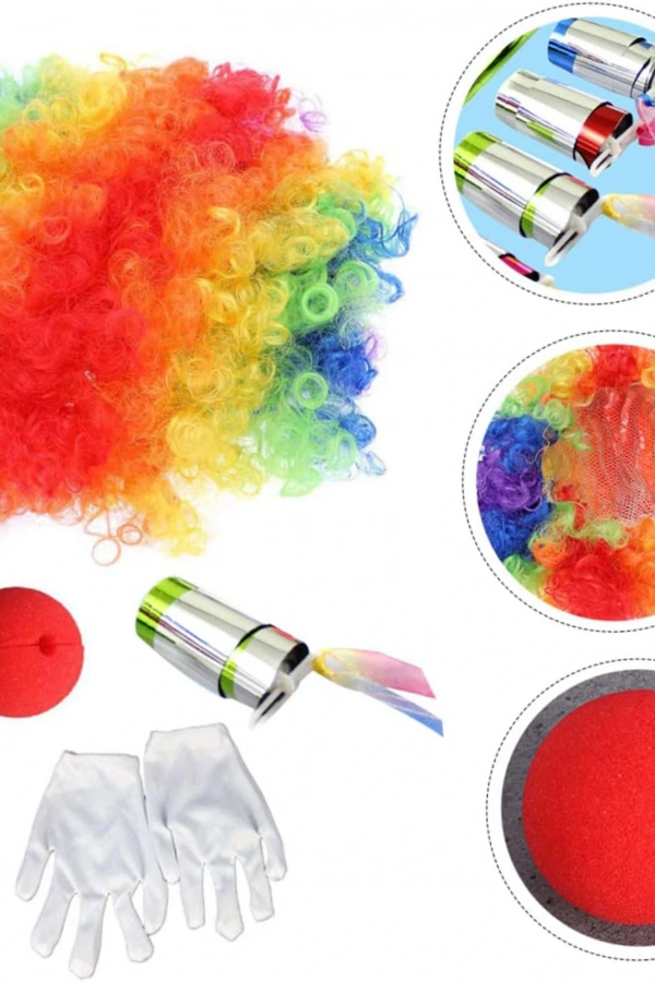 Palyaço Saç, Burun, Eldiven, Baston Seti 4lü