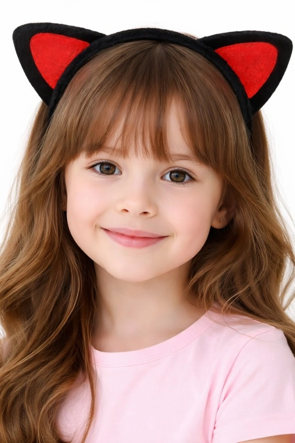 Peluş Kedi Kulaklı Taç Kırmızı Siyah