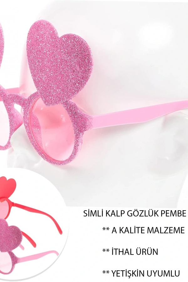 Pembe Renk Sim İşlenmiş Kalp Figürlü Parti Gözlüğü