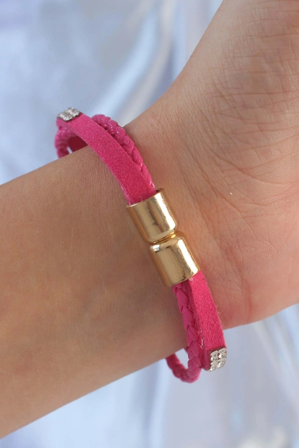 Pembe Renk Zirkon Taşlı Deri Çoklu Bileklik