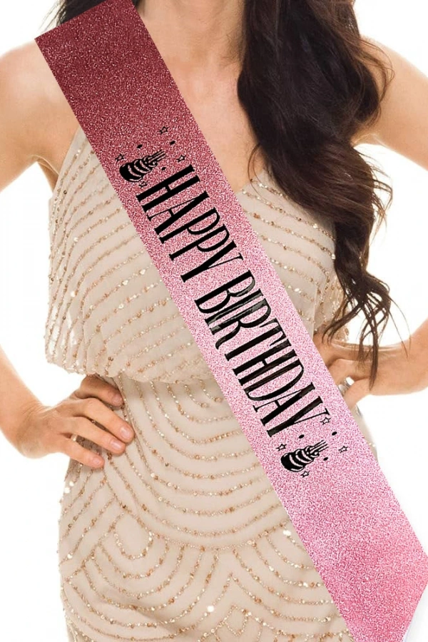 Pembe Siyah Happy Birthday Simli Kuşak Kemer