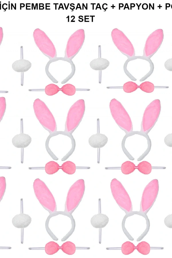 Pembe Tavşan Kostüm Seti – Taç, Papyon, Ponpon (12’li Paket)