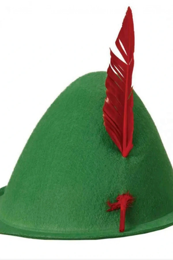 Peter Pan Şapkası Yeşil Renk Kırmızı Tüylü