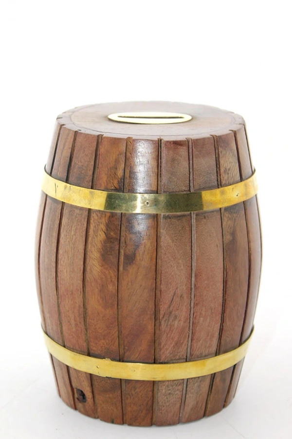 Pirinç Ahşap Fıçı Kumbara 12.5 Cm