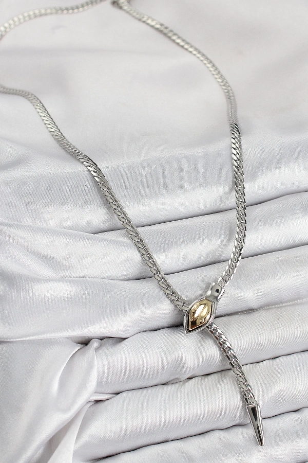 Pirinç Asansörlü Yılan Model Gümüş Renk Kadın Kolye