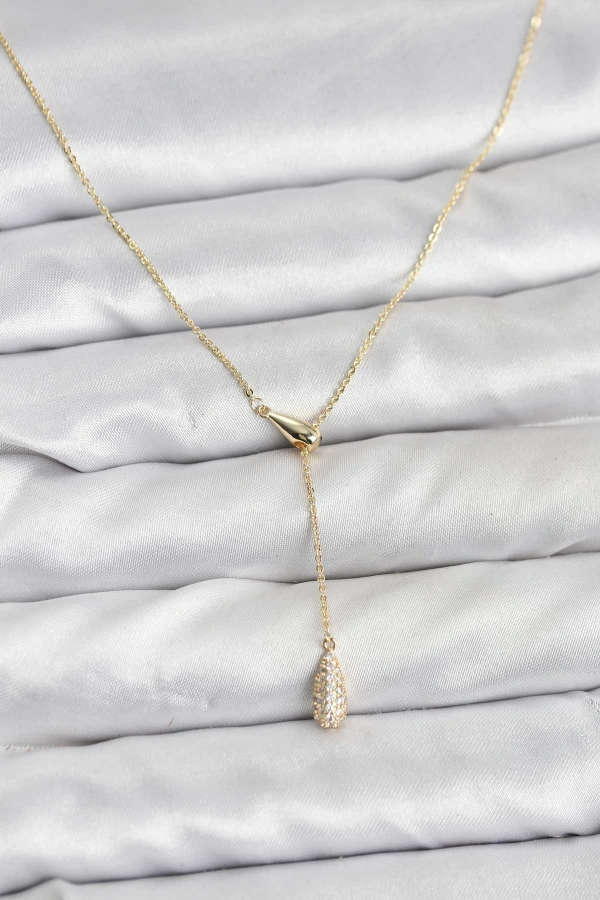 Pirinç Gold Renk Asansörlü Damla Model Kadın Kolye