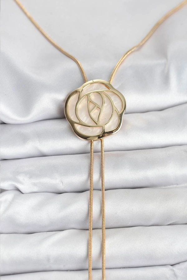 Pirinç Gold Renk Gül Model Asansörlü Kadın Kolye