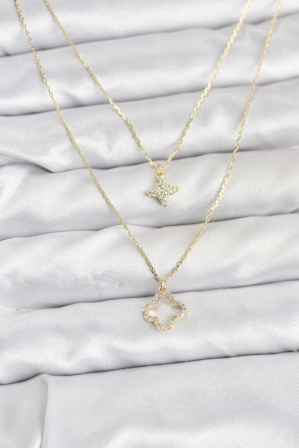 Pirinç Gold Renk Yonca Model 2li Kadın Kolye