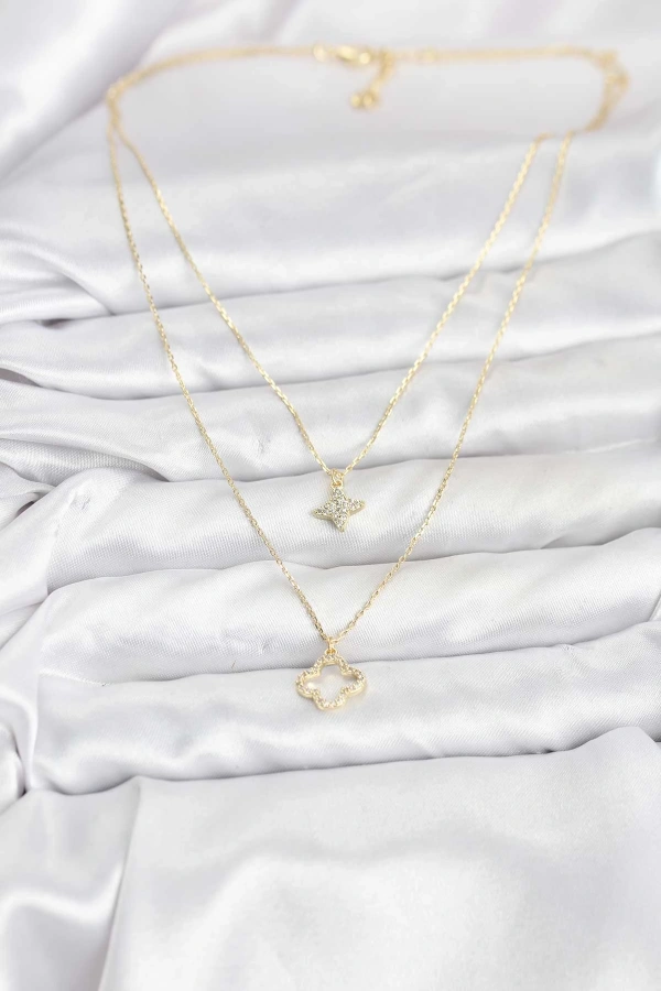 Pirinç Gold Renk Yonca Model 2li Kadın Kolye