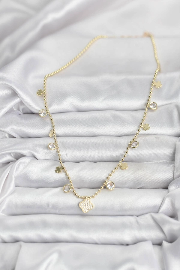 Pirinç Gold Renk Yonca Model Kadın Kolye