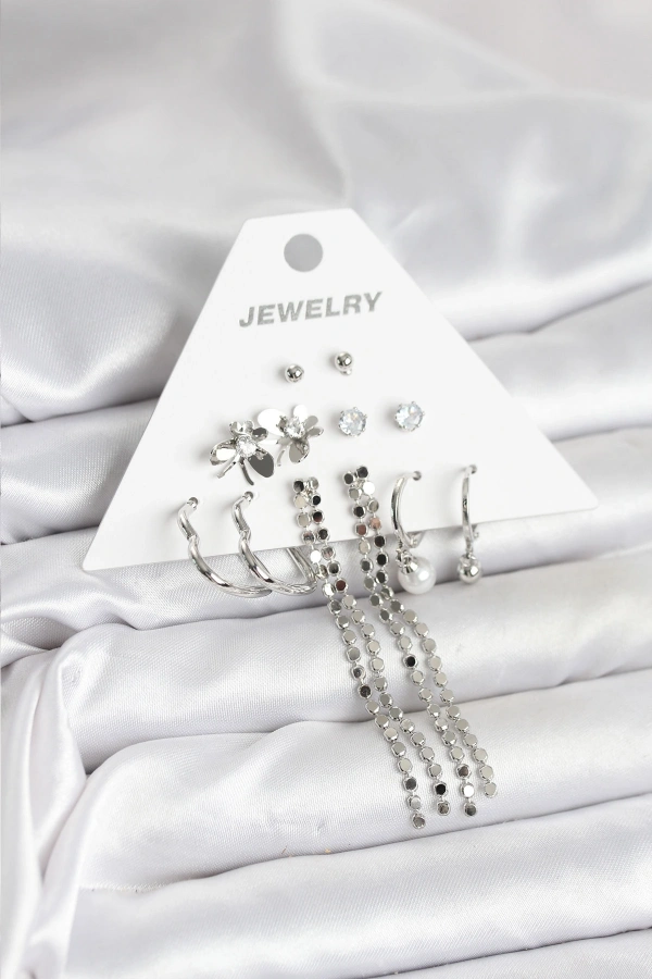 Pirinç Gümüş Renk 6 Çift Kadın Küpe