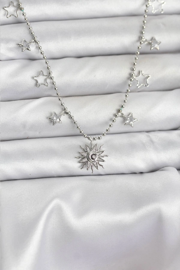 Pirinç Gümüş Renk Güneş Model Kadın Kolye