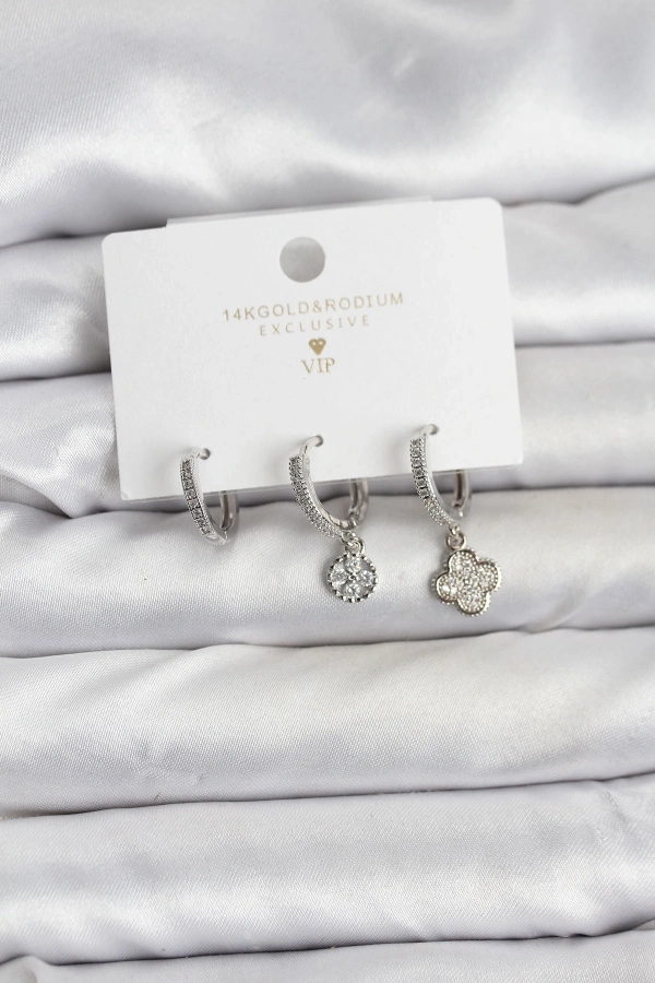 Pirinç Gümüş Renk Yonca Model 3lü Kadın Küpe Seti