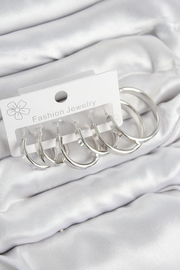 Pirinç Halka Model Gümüş Renk Kadın Set Küpe