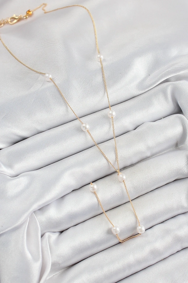 Pirinç İnci Figürlü Y Model Gold Renk Kadın Kolye