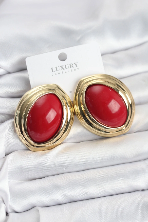 Pirinç Kırmızı Badem Model Vintage Gold Kadın Küpe