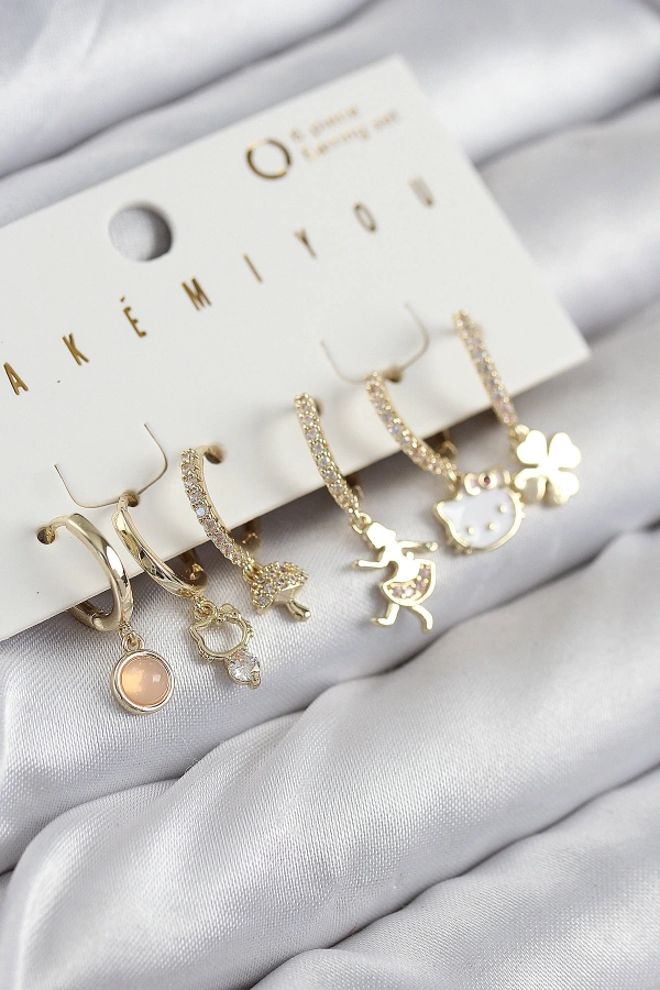 Pirinç Zirkon Taşlı Hello Kity Ve Yonca Model Gold Renk 6lı Küpe Set