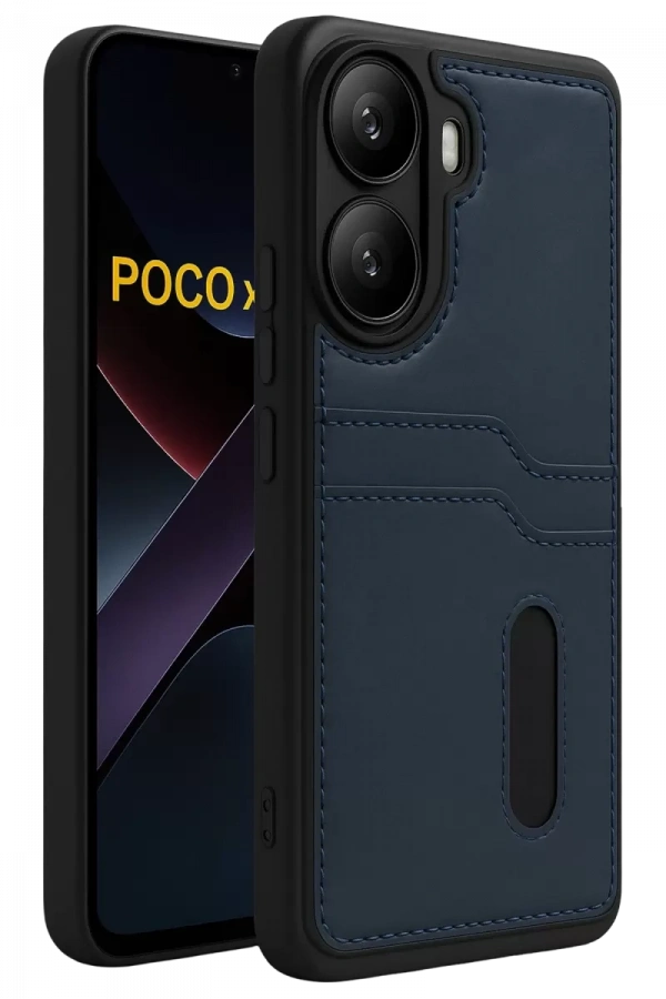 Poco X7 Pro Kılıf Sara Kartvizitli Deri Kılıf - Lacivert