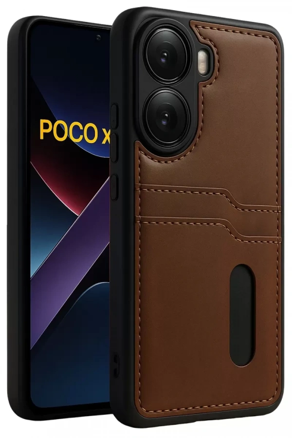 Poco X7 Pro Kılıf Sara Kartvizitli Deri Kılıf - Taba
