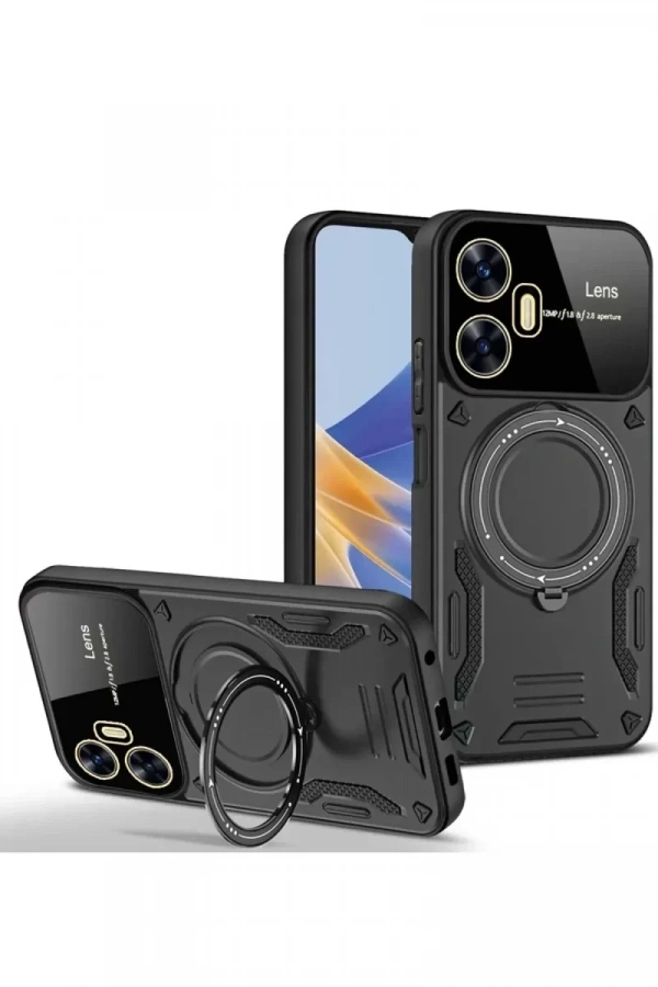 Realme C55 Kılıf Joy Lens Standlı Kapak - Siyah