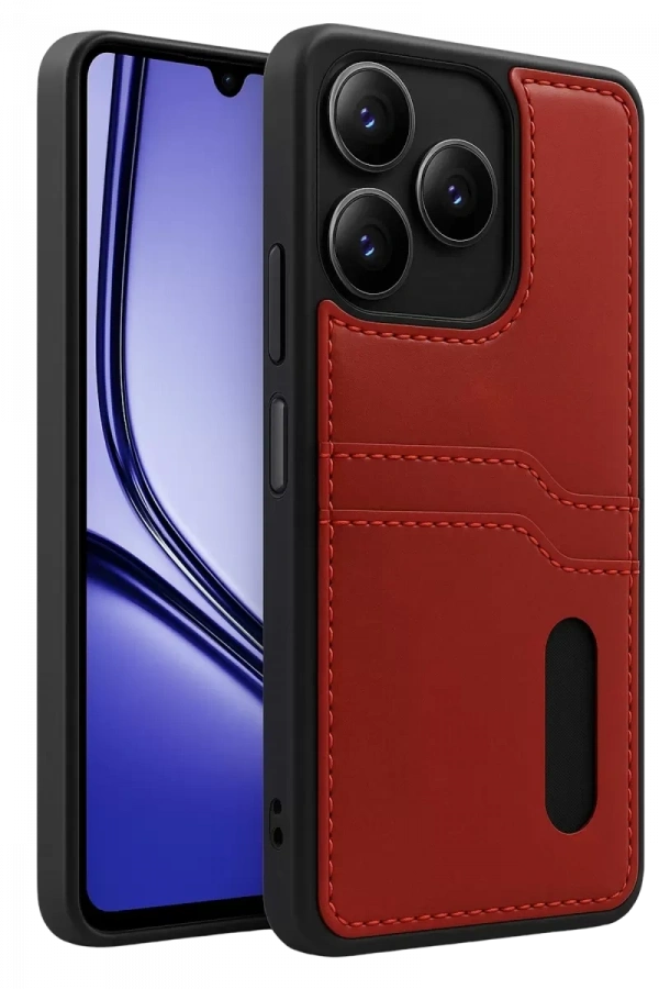 Realme Note 50 4G Kılıf Sara Kartvizitli Deri Kılıf - Kırmızı