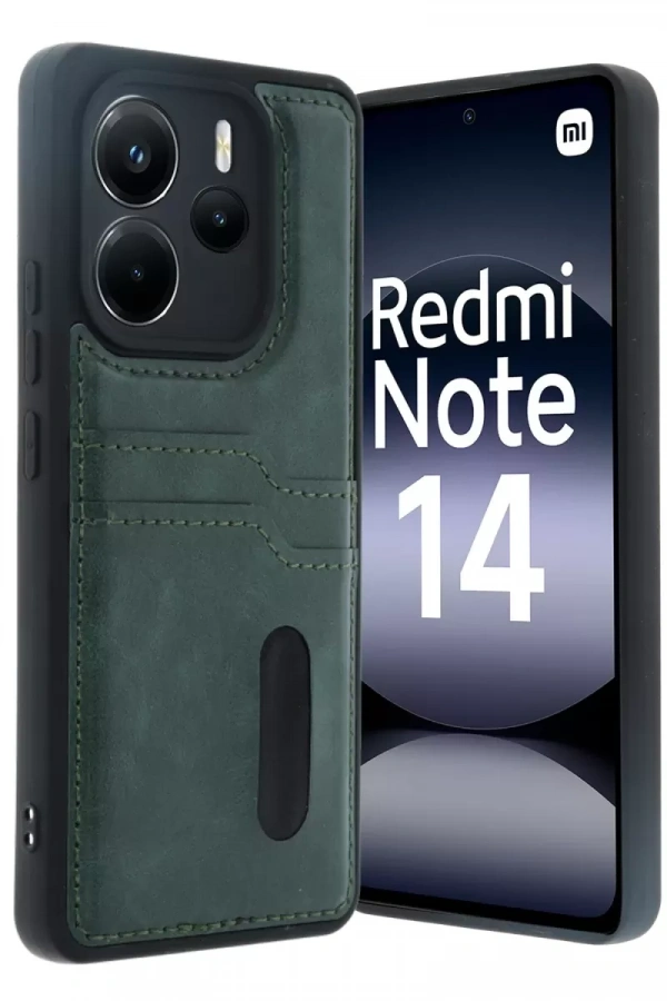 Redmi Note 14 4G Kılıf Sara Kartvizitli Deri Kılıf - Koyu Yeşil