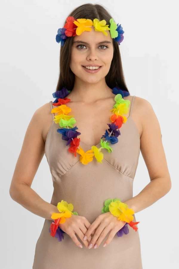 Rengarenk Hawaii Kolye Taç Bileklik Seti 4 Parça