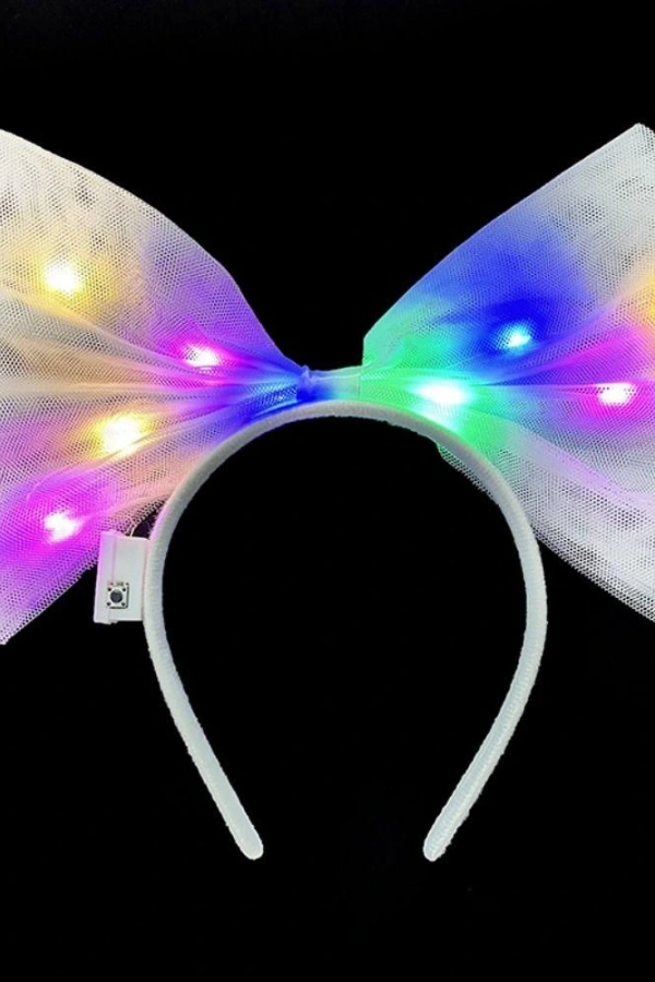 Rengarenk Led Işıklı Fiyonk Tül Parti Tacı Beyaz