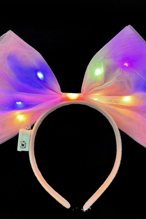 Rengarenk Led Işıklı Fiyonk Tül Parti Tacı Pembe