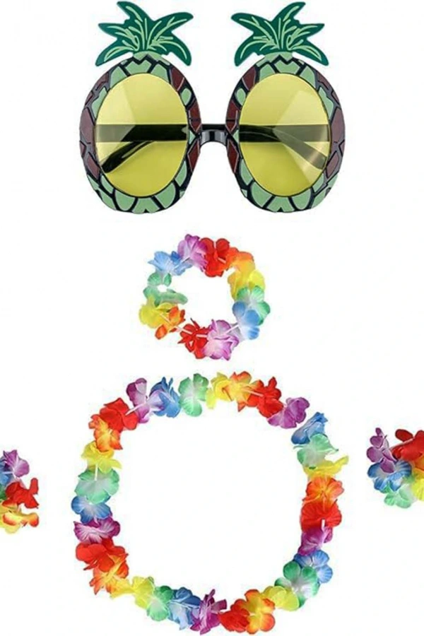 Renkli Ananas Gözlük, Taç, Kolye ve Bileklik Seti