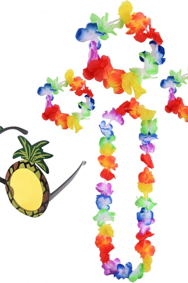 Renkli Ananas Gözlük, Taç, Kolye ve Bileklik Seti