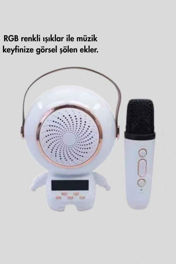Renkli Işıklı Astronot Mini Bluetooth Speaker ve Karaoke Mikrofon