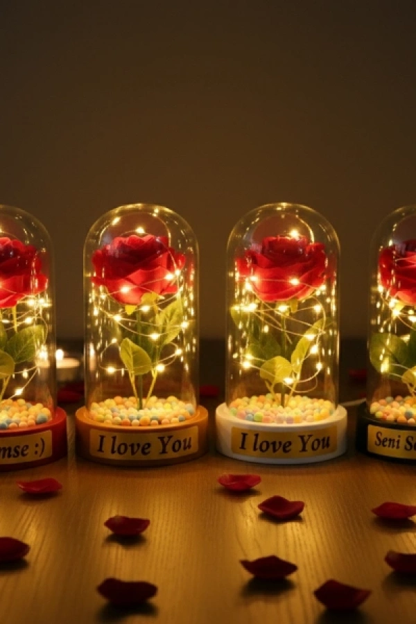 Renkli Toplu Ledli Gül Fanus