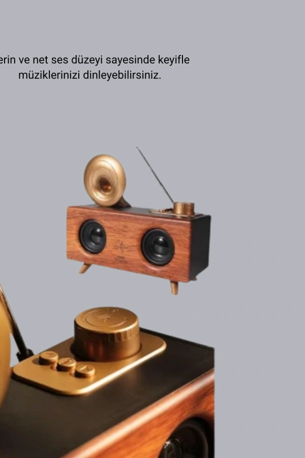 Retro Gramafon Bluetooth Hoparlör Çift Stereo Sesli FM Radyo Destekli