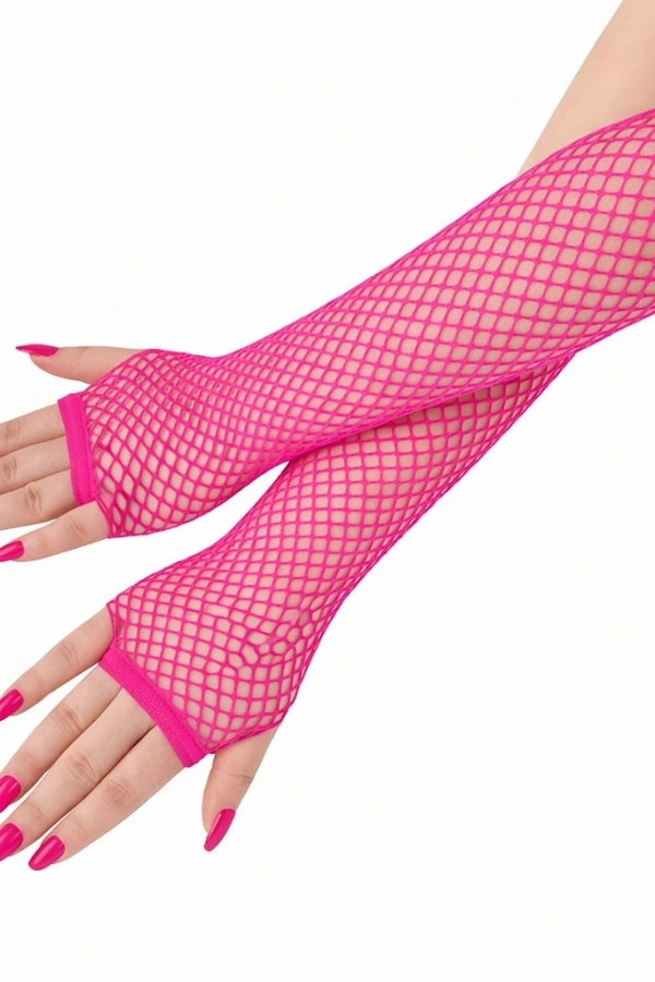 Retro Neon Fuşya File Parmaksız Eldiven 26 cm