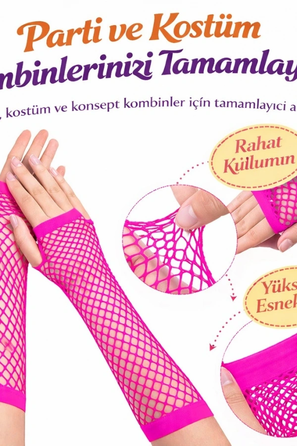 Retro Neon Fuşya File Parmaksız Eldiven 26 cm