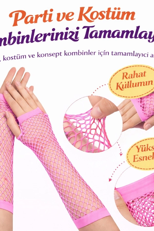 Retro Neon Pembe File Parmaksız Eldiven 26 cm