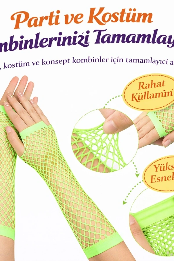 Retro Neon Yeşil File Parmaksız Eldiven 26 cm