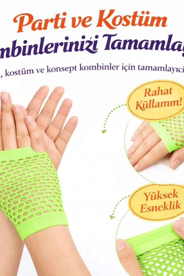 Retro Neon Yeşil File Parmaksız Kısa Eldiven 11 cm