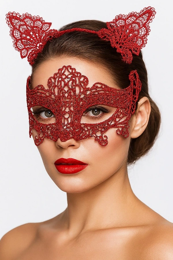 Romantik Kırmızı Dantel Maske Seti – Kedi Kulaklı Taç ve Maske No 3