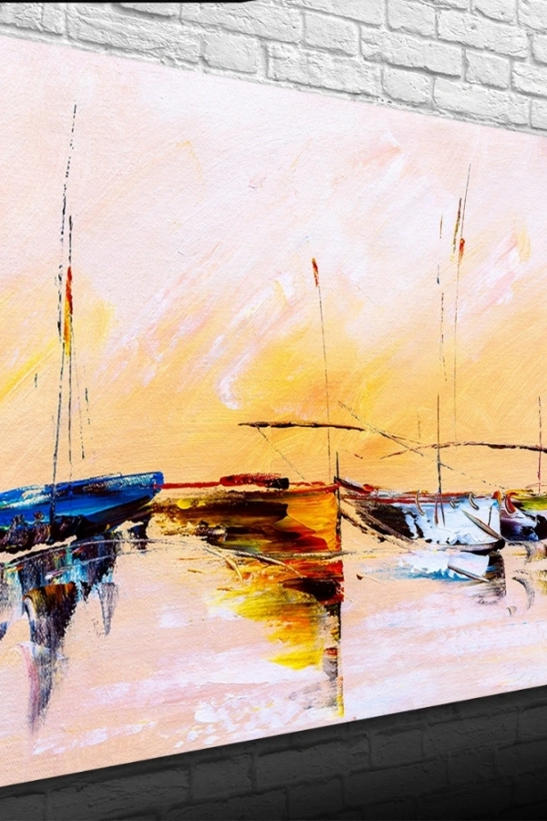 Sahilde Demirli Yelkenliler Yağlıboya Kanvas Tablo 50 x 70