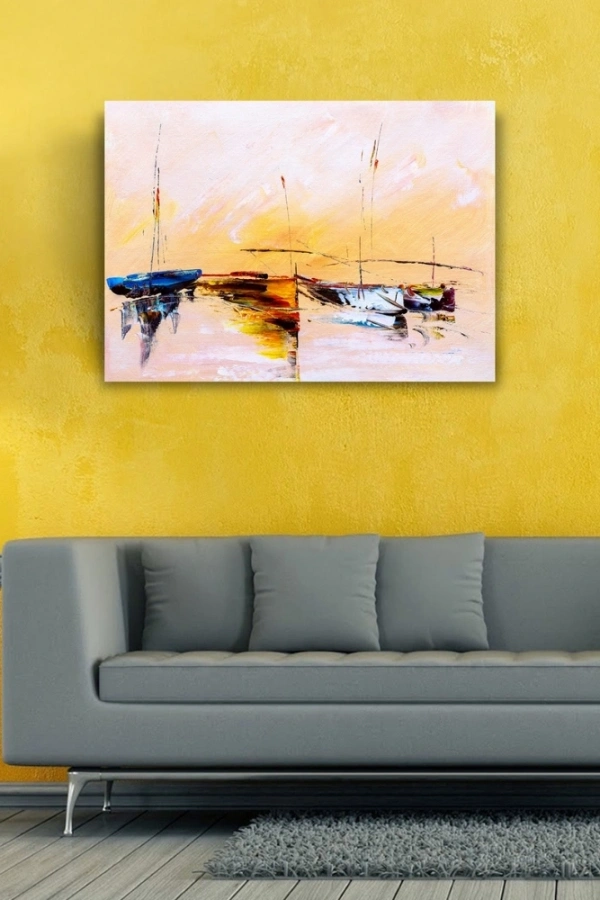 Sahilde Demirli Yelkenliler Yağlıboya Kanvas Tablo 50 x 70