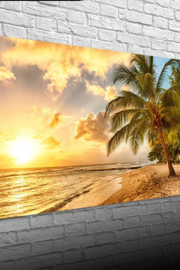 Sahilde Palmiyeler ve Günbatımı Kanvas Tablo 60 x 120