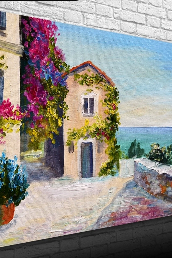 Sahildeki Sarmaşıklı Ev Yağlıboya Kanvas Tablo 50 x 70