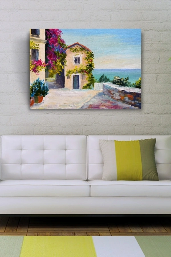 Sahildeki Sarmaşıklı Ev Yağlıboya Kanvas Tablo 50 x 70